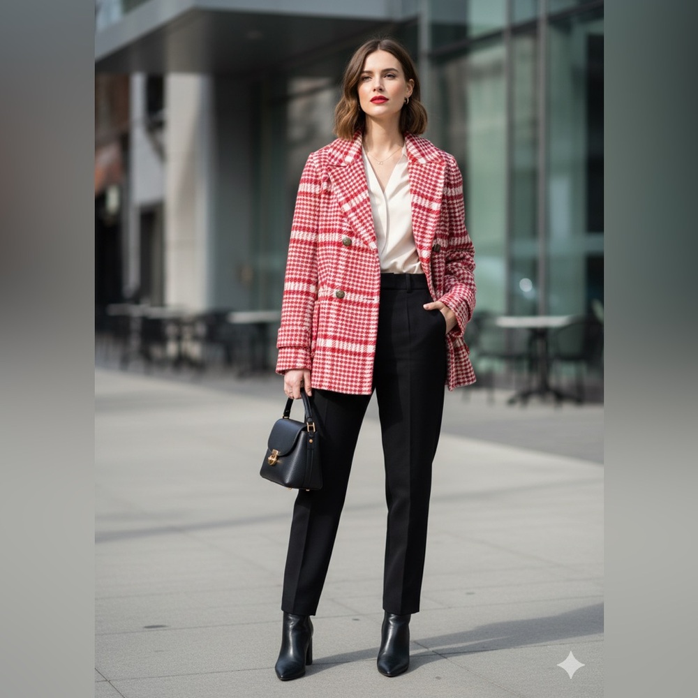 Talbots Red & White Plaid Double-Breasted Pea Coat